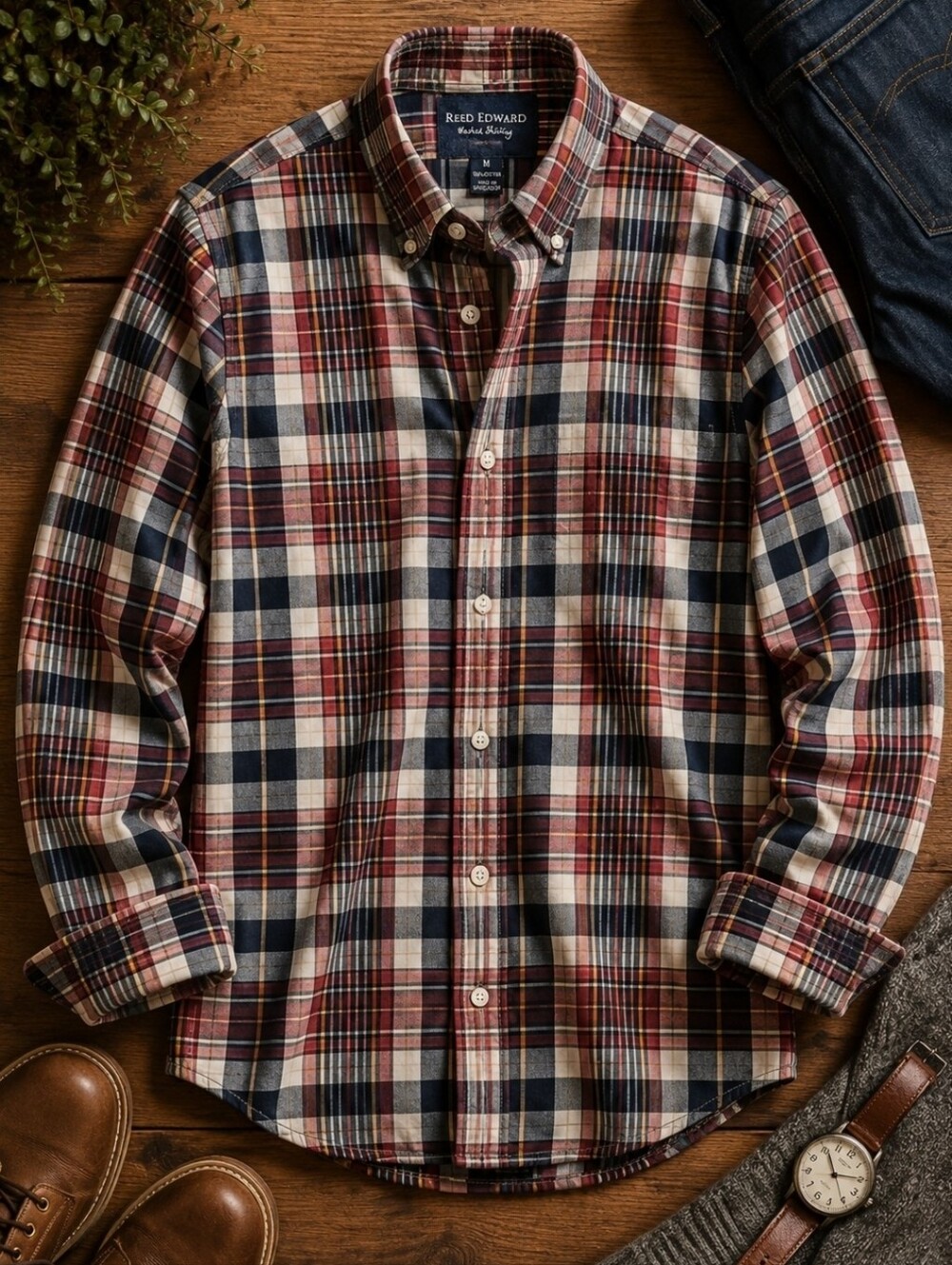 Reed Edward Men's Plaid Button Down Shirt Medium Red Blue 100% Cotton Washed Shi